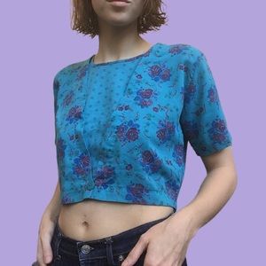 80s Vintage Floral Blue Crop Top Grandma style